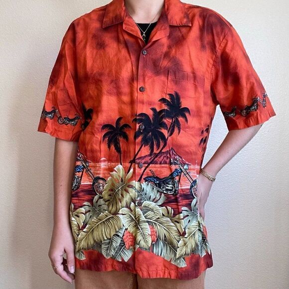 Vintage Mens Pacific Legend Hawaiian Motorcycle Cotton Button Down Short Sleeve - Picture 1 of 10